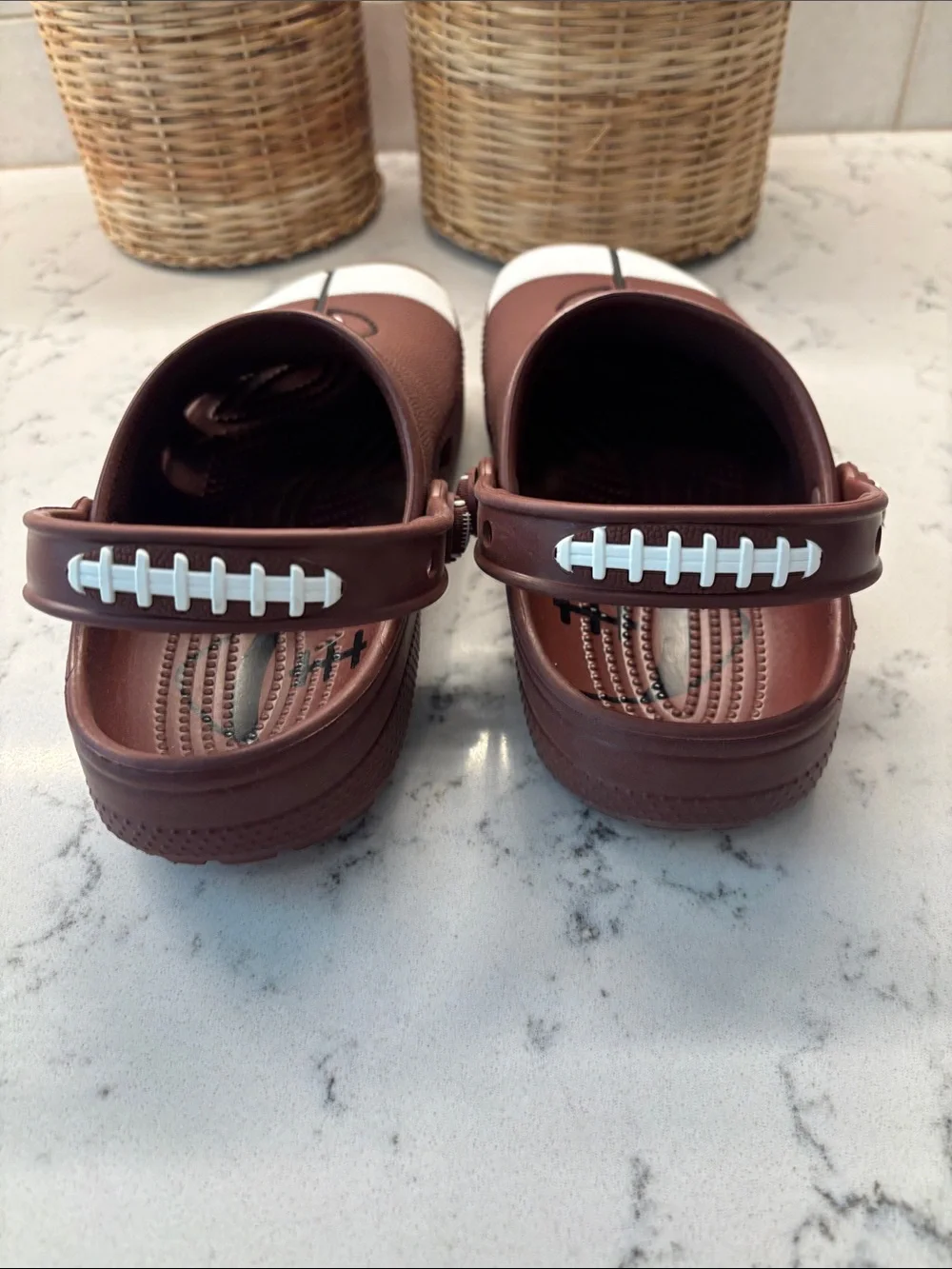 CROCS Kids Brown Football Clog Sandals with White Accents